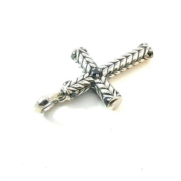 David Yurman Black Diamond Cross Pendant Sterling Silver Estate DY656 - Picture 6 of 7